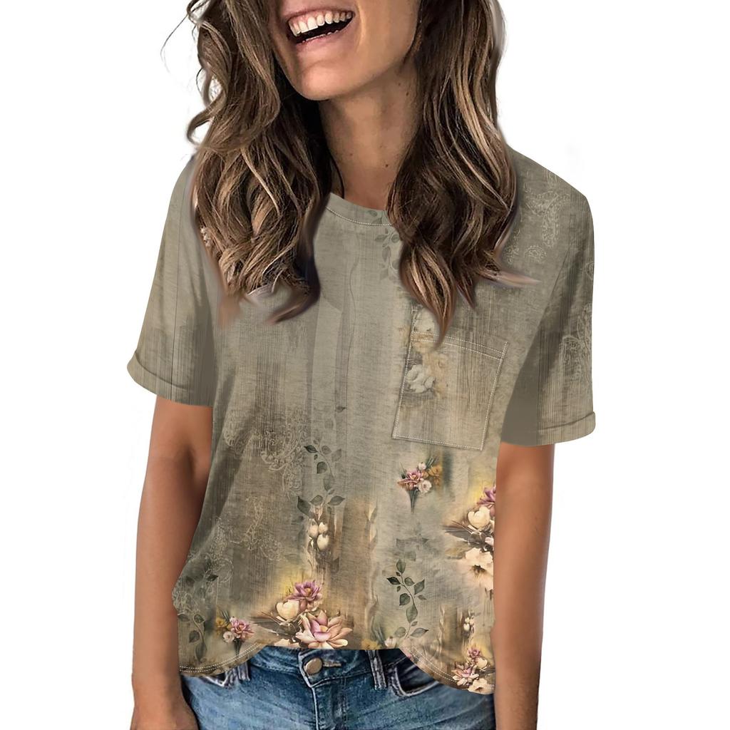 Women's Pocket Floral Print Summer Short Sleeved Round Neck Casual Loose T-shirt Top