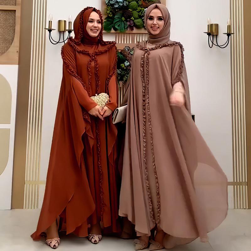 Women's Muslim Robe Hooded Shawl Lengthened Cloak Dress Turkish Chiffon Cardigan Robe