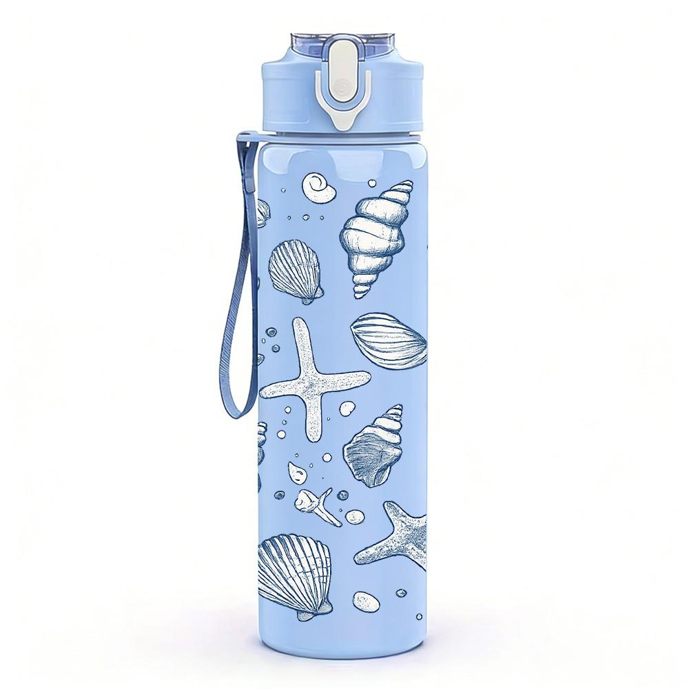 1PC Starfish Seashell Ocean Pattern Print 750ml Color Plastic Sports Water Bottle Leakproof Flip Straw Lid Suitable for Sports Office Home Use