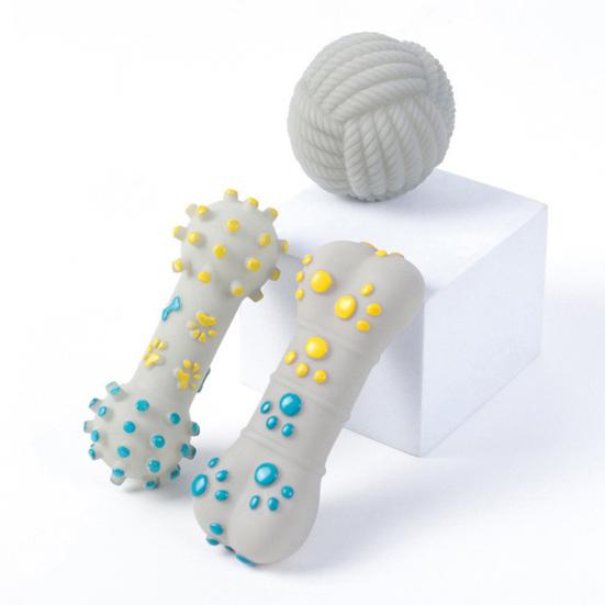 Squeaky Dog Toy Rubber Textured Barbell Bone Ball Dog Chew Toy Teeth Cleaning Toy for Aggressive Chewers Interactive Fetch Play