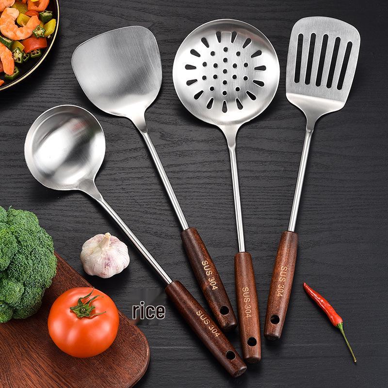 Ensemble Spatule à Fentes et Louche en Acier Inoxydable 304 avec Manche en Bois - Ustensiles de Cuisine Résistants aux Hautes Températures