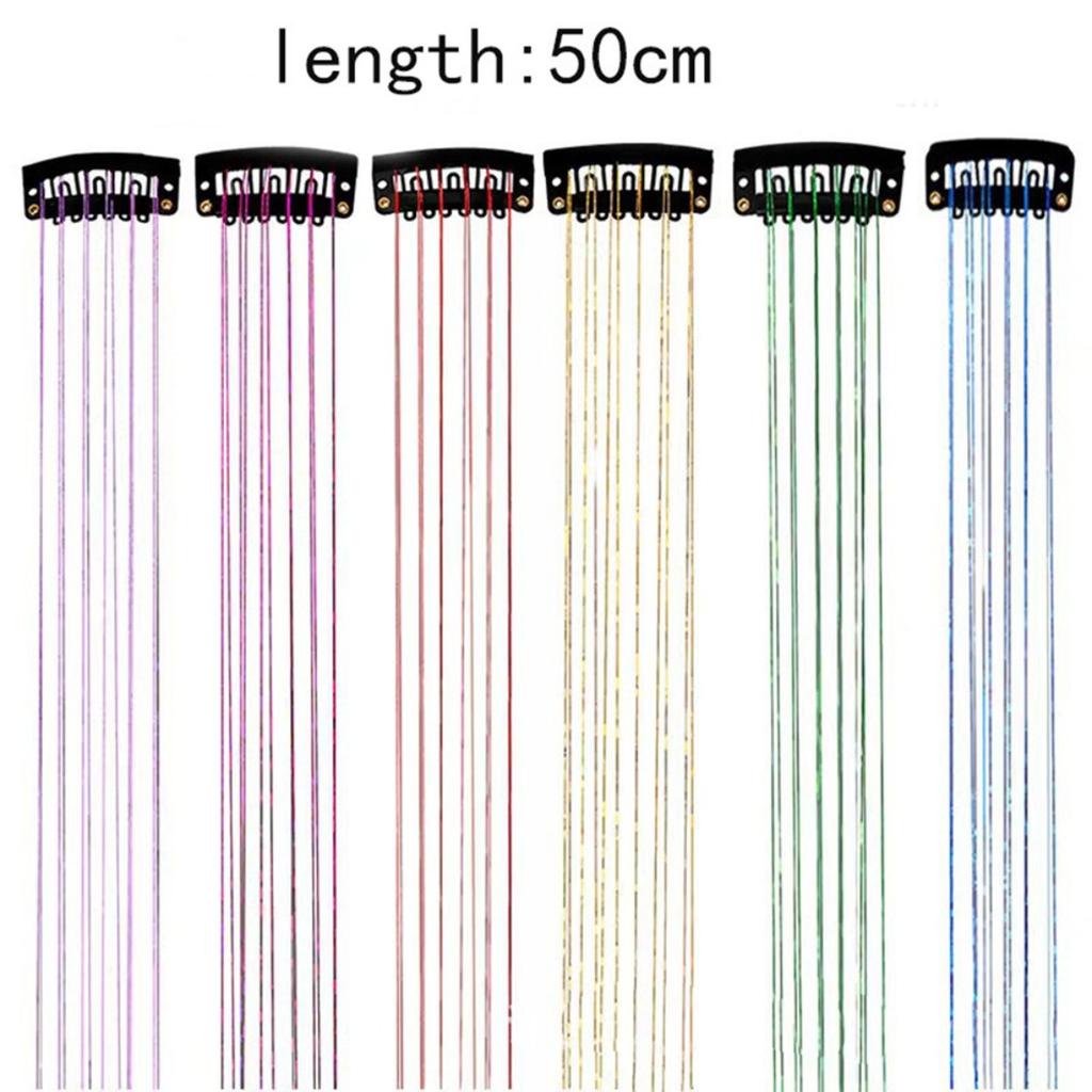 12 Pieces Laser Gold Hair Extensions 50cm , Metallic Rainbow Clip-in Hair Wefts, Shiny Synthetic Hair Strands for Party Festival