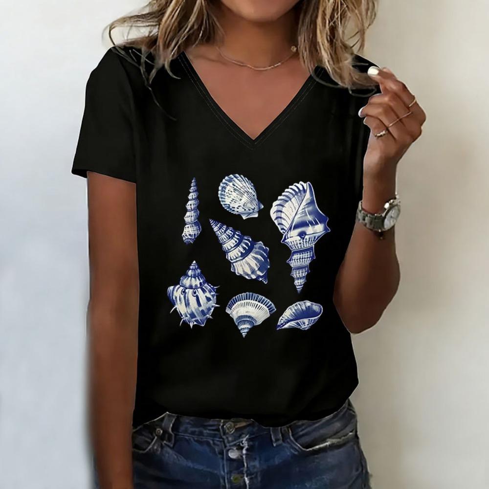 Starfish Shell Graphic T-shirt V Neck Casual Fashion T Shirts Women Short Sleeve Tee Shirt V-Neck Summer Tops Women S