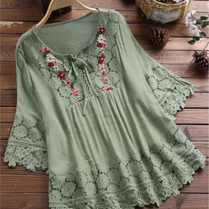 Sommerbluse Damen V-Ausschnitt Spitze Hemd Bluse Elegante Damenmode Lässig Dame Locker Leinenhemden