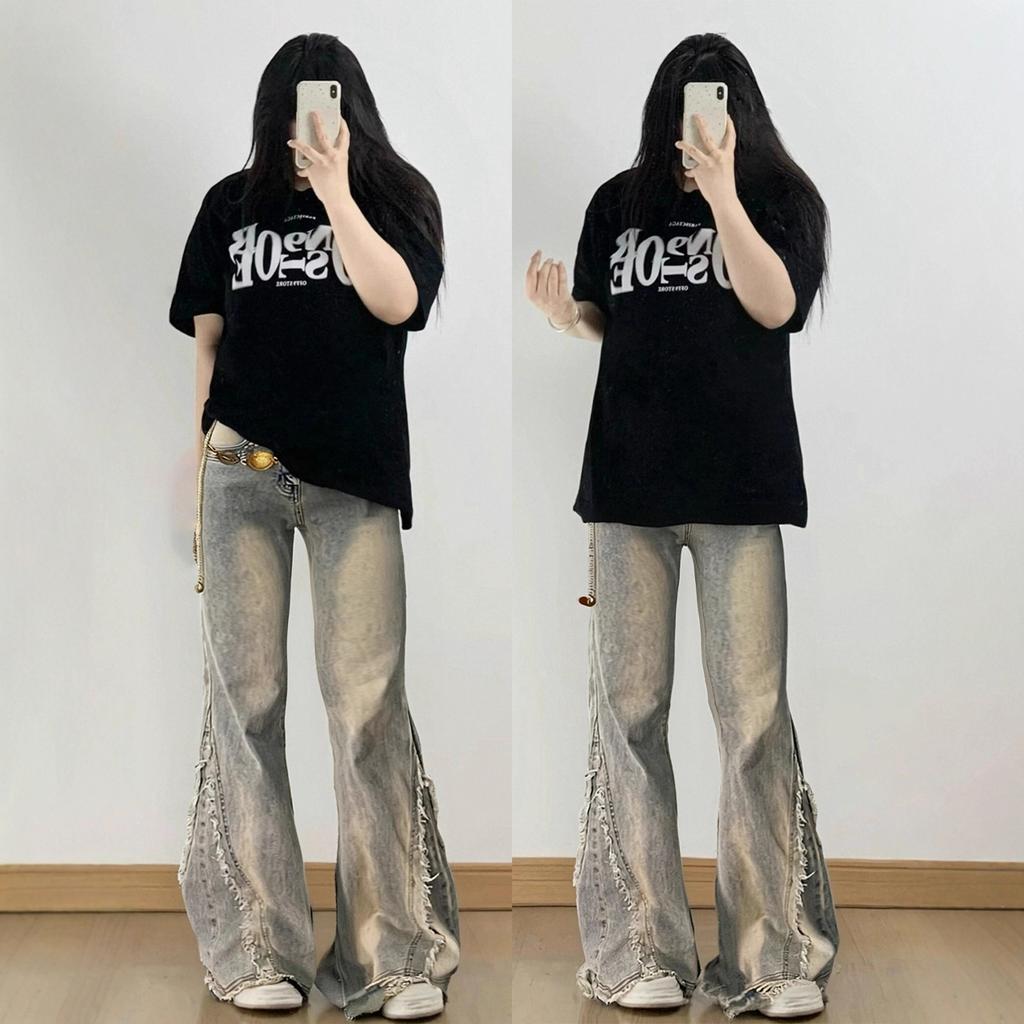 Komfortable Vintage Micro Flare Jeans Dame År Vår og Høst Designfølelse av Råkanten Slim Skinny Bukser Jeans for Dame Lange Denim Bukser