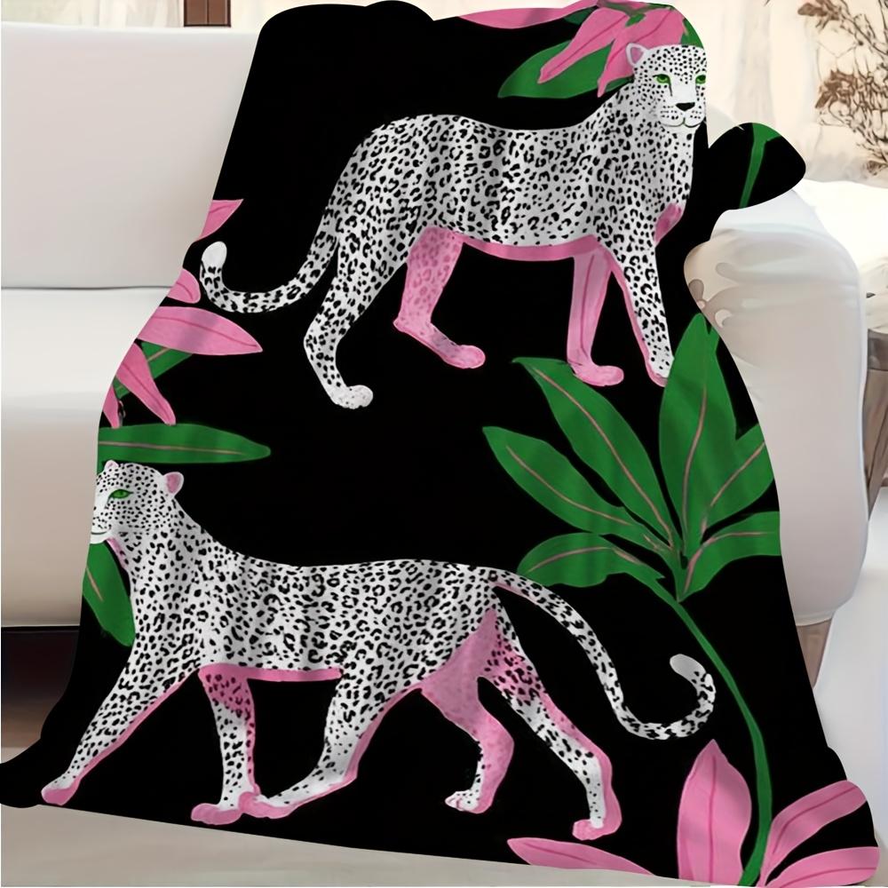 1pc Extra Large Soft Blanket - Leopard Print in Pink, Green & Black - Heavy-Duty Over 100-Yarns Construction - All-Season Couch