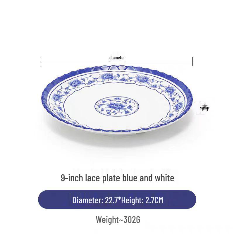 Blue & White Melamine Porcelain-Look Round Plate: Thickened, Durable for Stir-Fry, Rice, and Restaurant Use