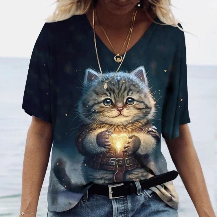 Women's Kawaii Cat Print 3D T Shirt Short Sleeve V Neck Tees Casual Holiday Top Female T Shirt
