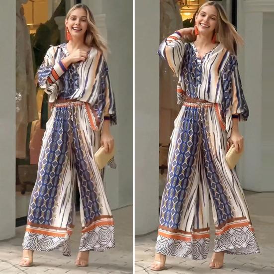 

Женская повседневная одежда из 2 шт./компл., однобортная рубашка с длинными рукавами и высокой талией, широкие полосатые брюки с лацканами XL синий