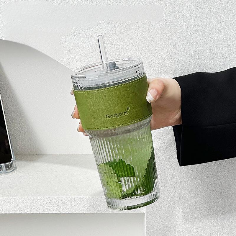 600ML Large Capacity Cup, High Aesthetic Coffee Cup With Lid and Water Cup, Simple Straw, Vertical Stripe Glass Cup