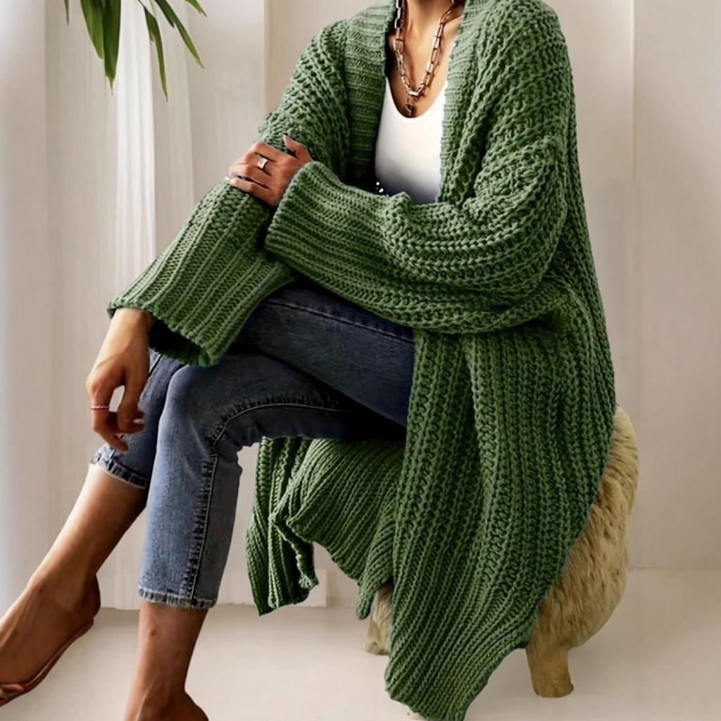Women's Solid Color Long Open Knit Cardigan, Fashion Vacation Sweater Coat for Autumn Winter