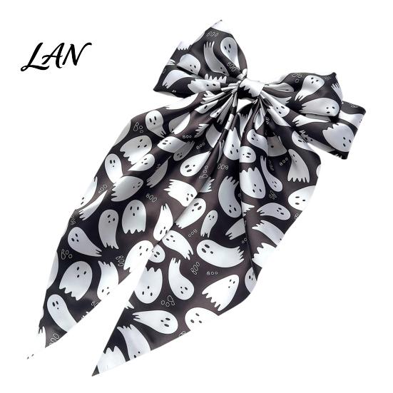Halloween Hair Accessories Silky Satin Bows for Women, Big Ribbon Bow Clips Girls, Decorative Clip Oversized Long Tail Barrettes, Cute Ghost