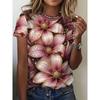 Mode Damen Rundhals Kurzarm 3D Blume Farbdruck Rundhals T-Shirt Blume Kurzarm