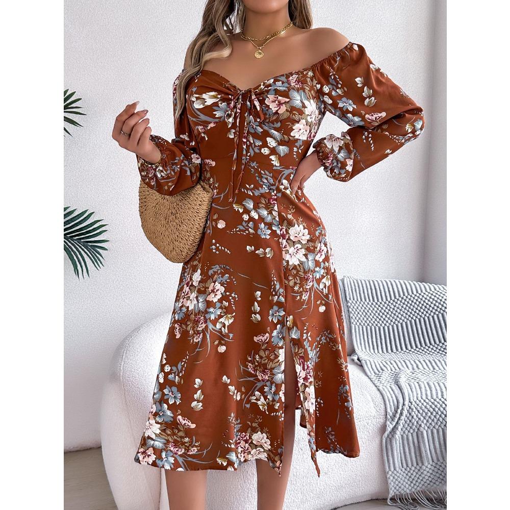 Spring Summer Sexy Tie Knot Floral Long Sleeve Split Dress Women's Dresses Skirt