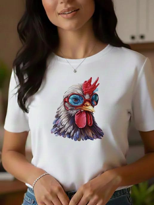 Loose-fit summer T-shirt with attractive chicken print S