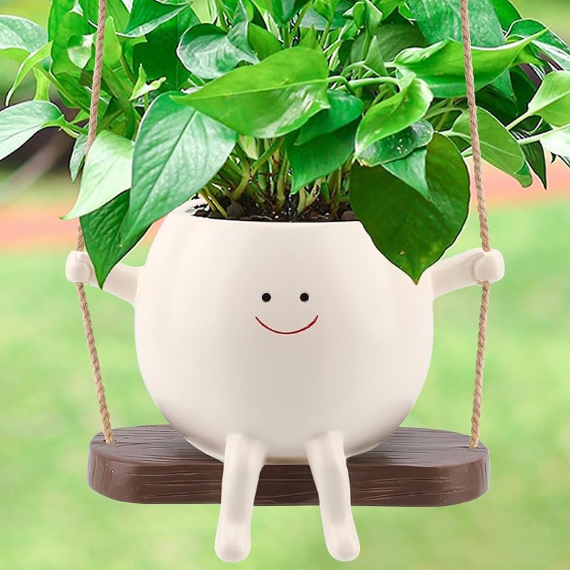 Small Swing Smiley Face Hanging Planter Pot for Indoor Outdoor Plants, Cute Swinging Plant Pot, Hanging Flower Pots, Face Planter Pot Head, Resin