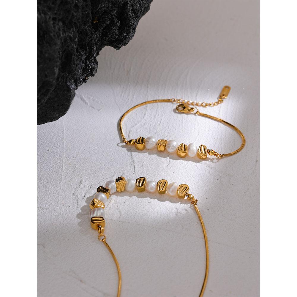 Yhpup Natural Freshwater Pearl Stainless Steel Beads Chain Necklace Bracelet Bangle Gold Color Vintage Handmade Jewelry Women