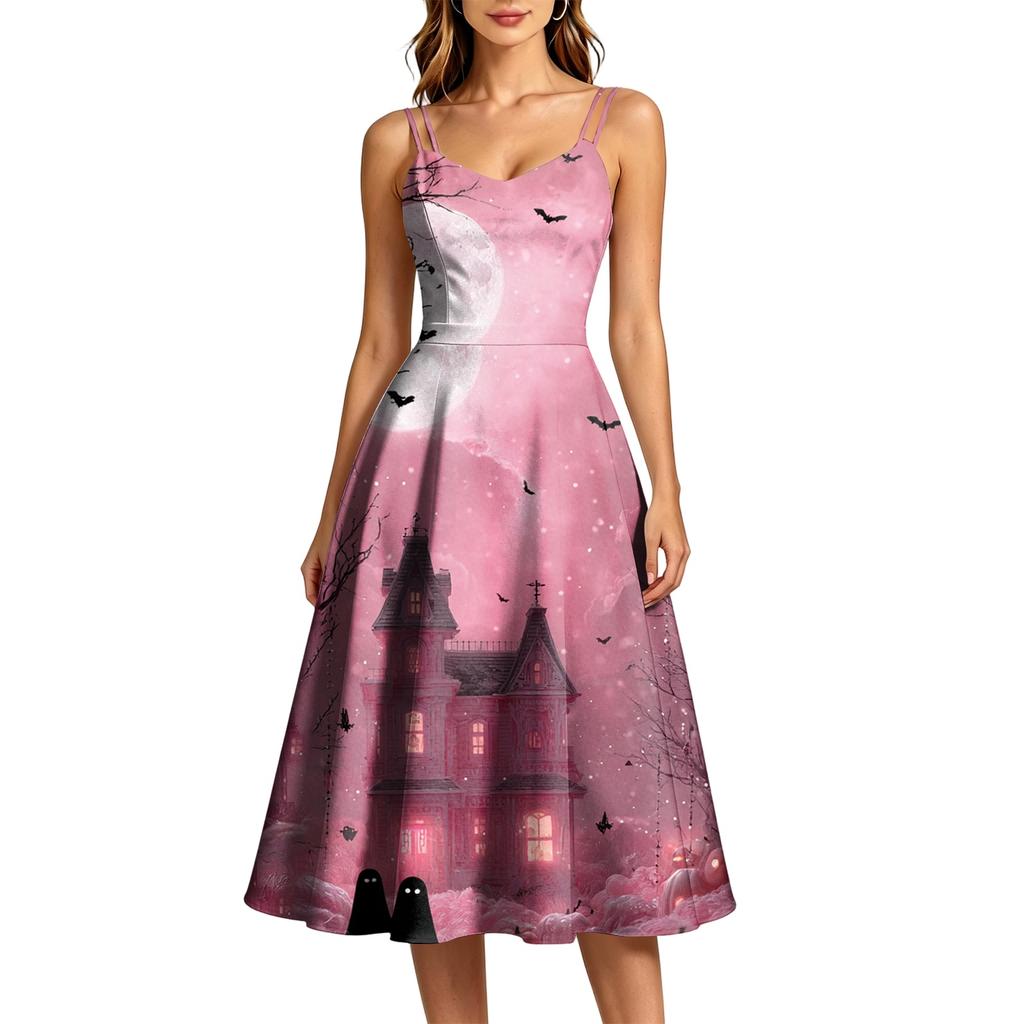 Women's Casual Halloween Print Round Neck Sleeveless Dress for Holiday Party