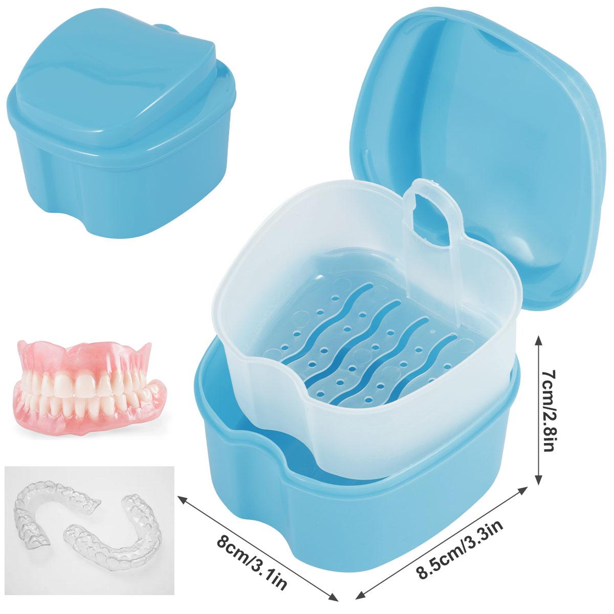 

Коробка для ванночки для зубных протезов, футляр для чистки зубов, переносной футляр для хранения искусственных зубов с сетчатым контейнером для подвешивания, контейнеры для зубных протезов, контейнер для замачивания светло-голубой