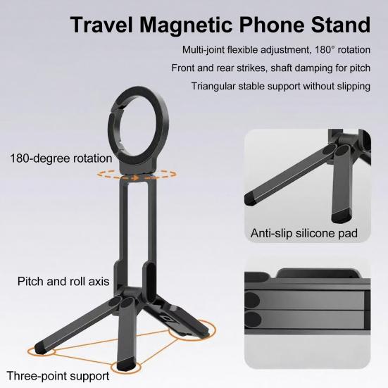 Magnetic Travel Phone Holder Portable Rotating Clip for Backpack & Selfie 5-in-1 Mode Foldable Phone Stand for Vlogging Live Streaming Adventure