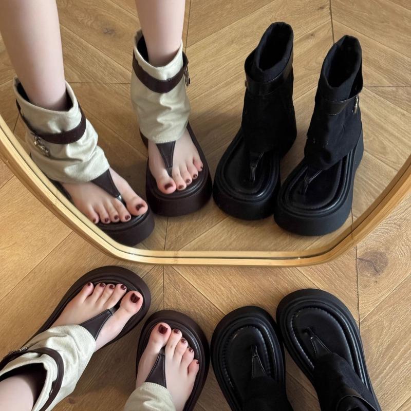7Cm thick-soled trousers, cool boots for women's summer new small toe retro sandals heightening hollow short boots