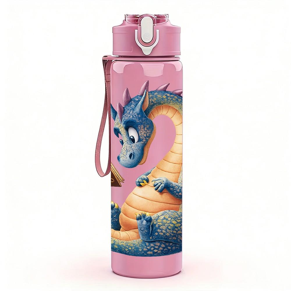 1PC Fantasy Blue Dragon Pattern 750ml Color Plastic Sports Water Bottle Leakproof Flip Straw Lid Suitable for Sports Office Home Use
