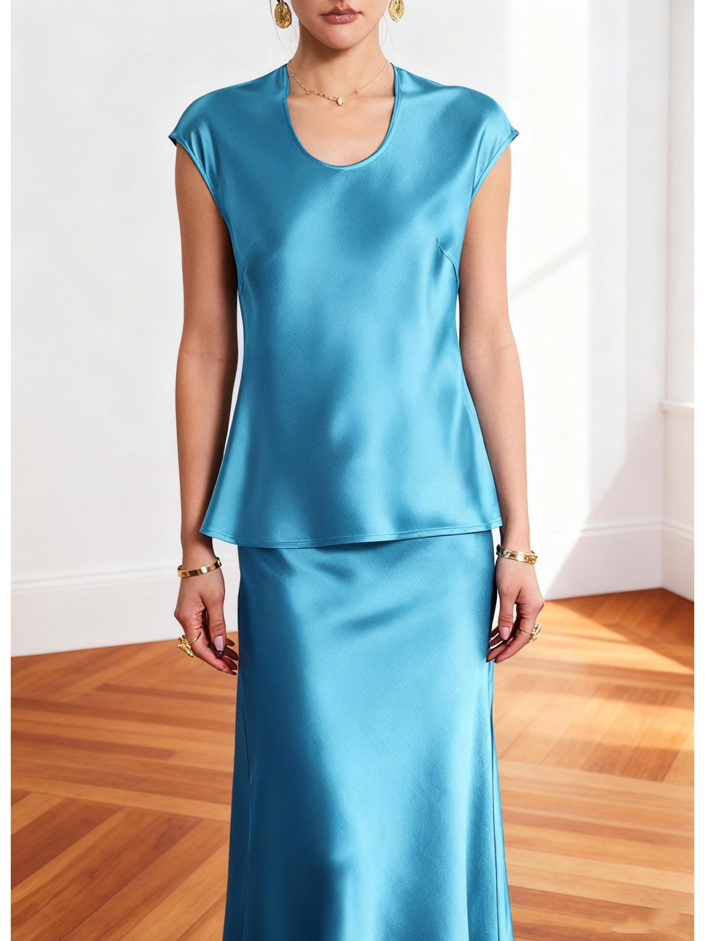 

Высокая мода 2026 Элегантный атласный жилет с U-образным вырезом из ацетата для высшего общества Small павлин голубой