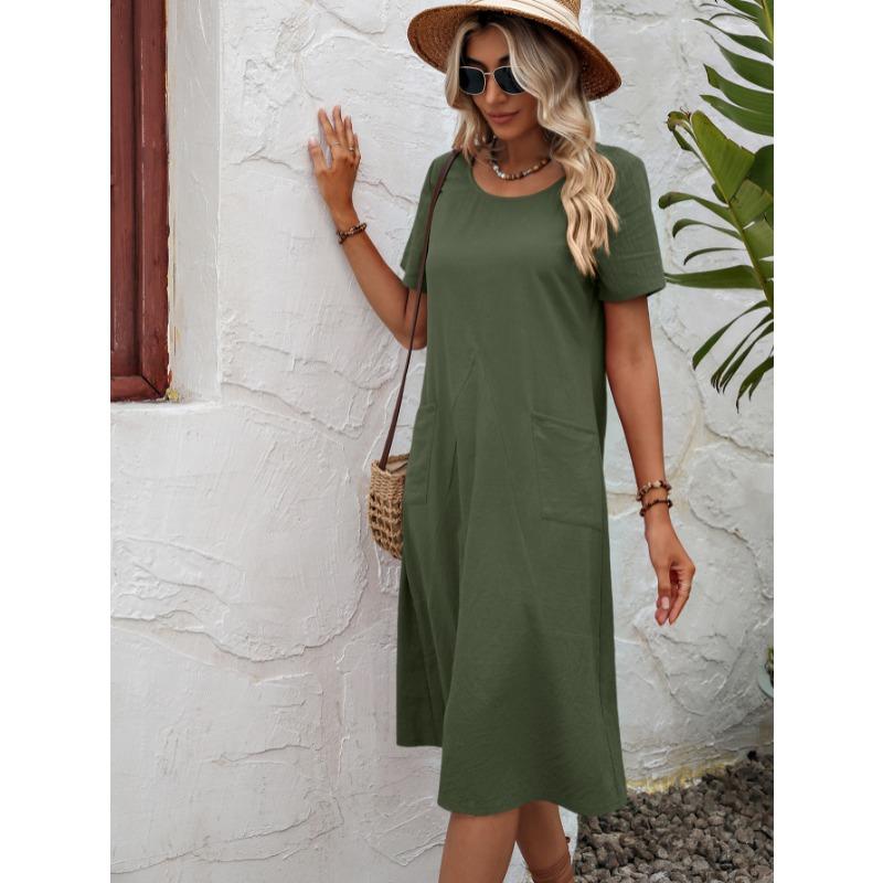 Fashion Loose Round Neck Short Sleeve Dress Pockets Solid Color Casual A-line Summer Dress Party Sweet Casual Simple Clothing