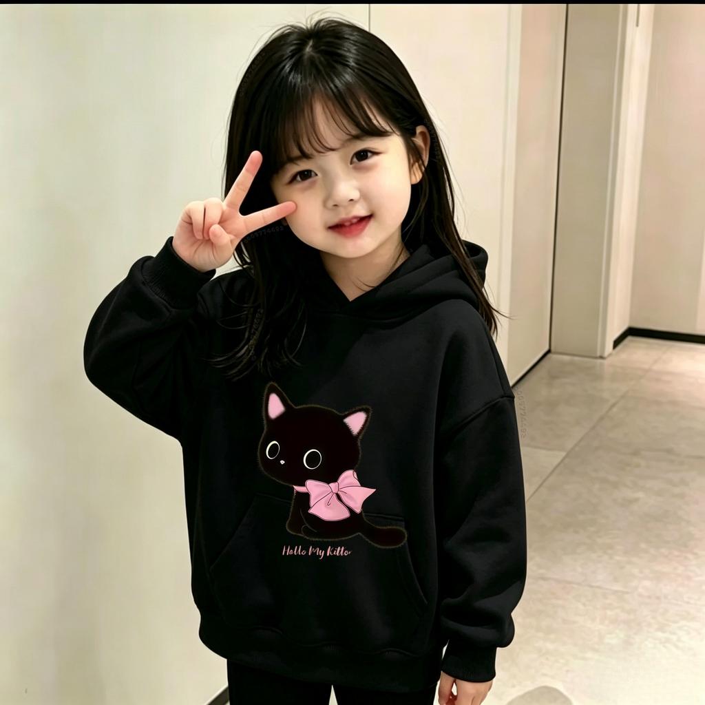 Latest model Cartoon Black Cat Pink Ribbon Hello My Kitten Loose Hoodie for Children's Daily Sports Large Size Hooded Sweatshirt