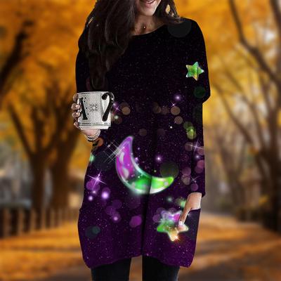 Neu Im Herbst Cartoon Starry Sky Print Plus Größe Kleid Frauen Oansatz Lange Ärmel Casual Tasche Kleider