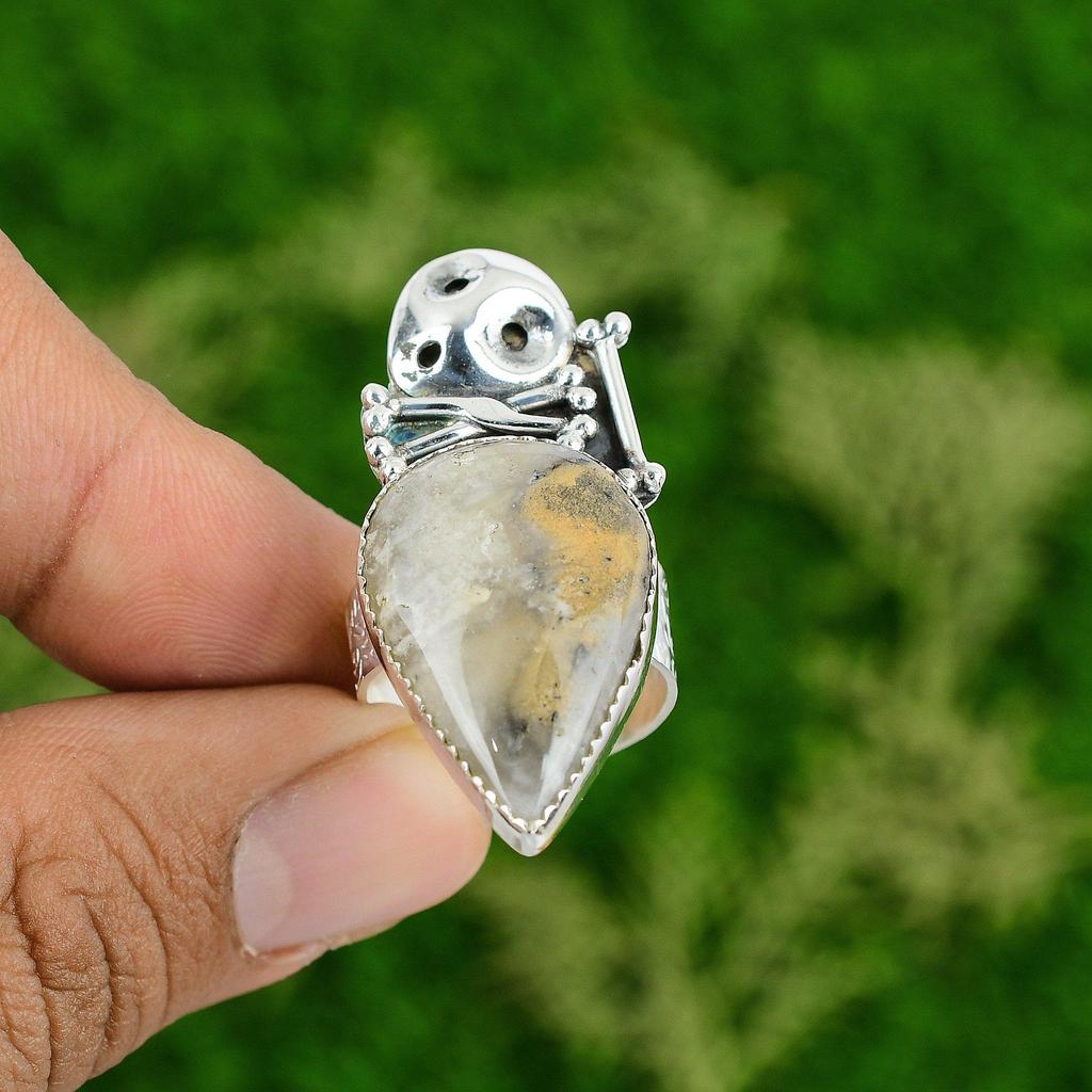 Natural Plume Agate Skull And Bone Adjustable Ring 925 Silver For Girls