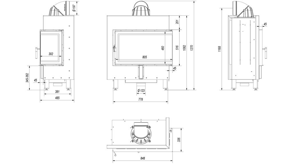 Steel Fireplace KRATKI LUCY Right 14 kW Ø 200
