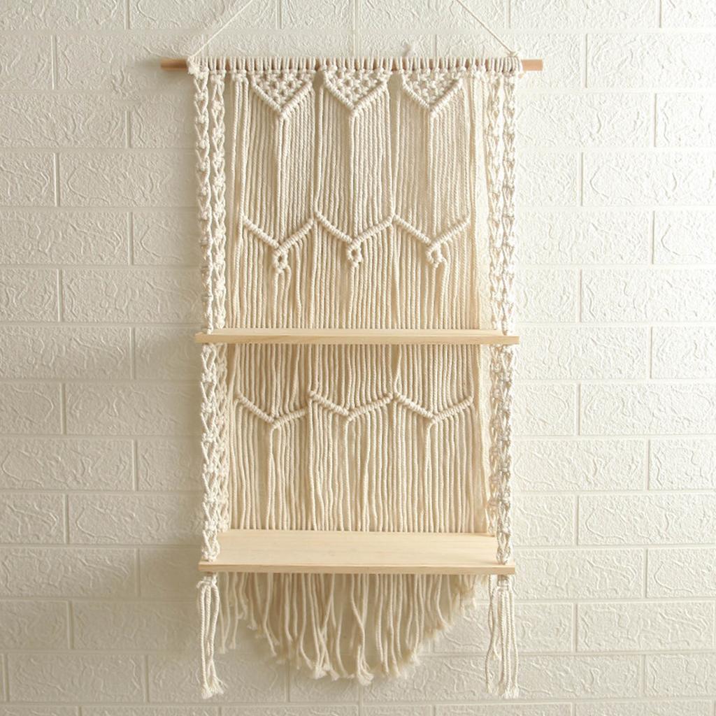 Bohemian Style Hand-Woven Wall Hanging Tapestry Wood Shelf Planter Basket 2 Tier Hanging Rack Art Wall Shelves Macrame