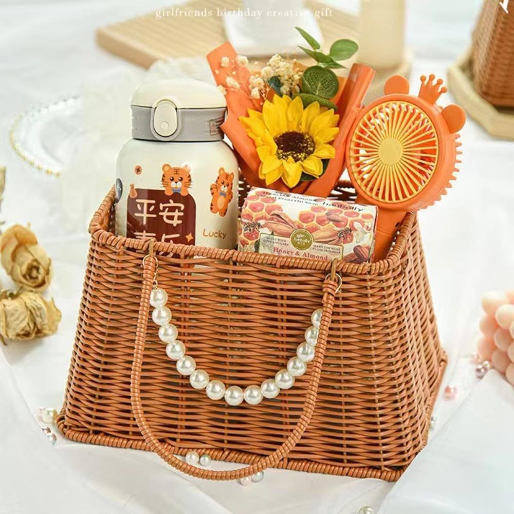 Durable Bamboo Flower Basket Long Handle Imitation Rattan Storage Basket Valentine's Day