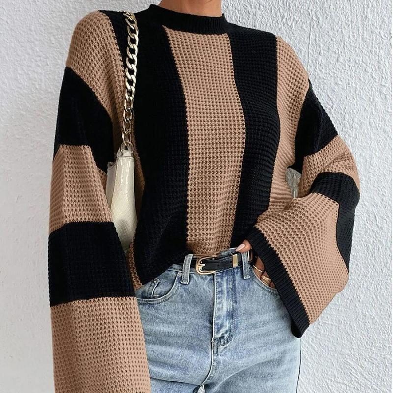 New knitted sweater top crew neck striped design sense niche sweater jacket women