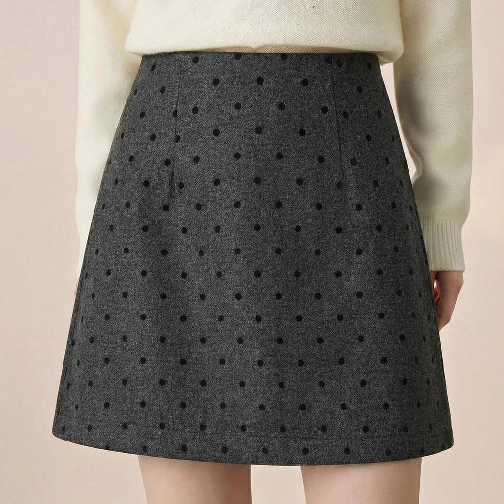 Woolen Polka Dot High-Waisted A-Line Skirt - Petite Hip-Hugging Style for Women, Autumn/Winter 2025