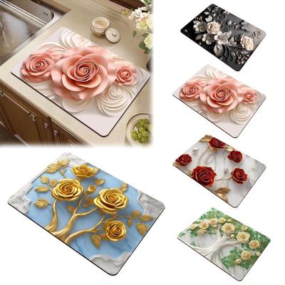 3D Florales Platzset Kieselgur Saugfähig Blumen-Platzset Rutschfest Dekorativ Wärmeisolationsmatte für Esstisch Heimdekor