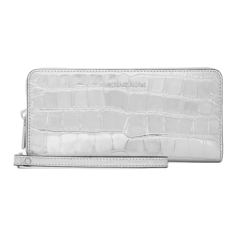 MICHAEL KORS Jet Set Travel Logo Zip Closure Crocodile Embossed Leather Wallet Women s Silver серебряный