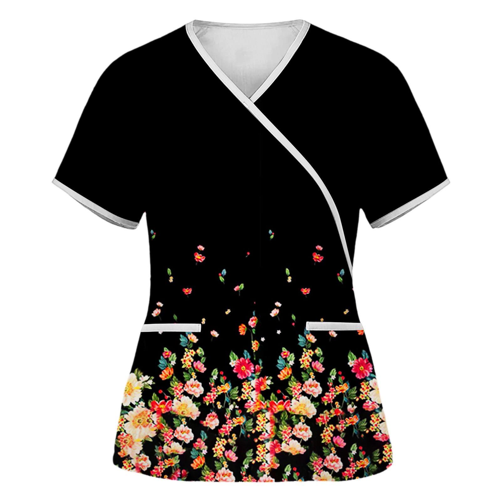 

Женские топы с короткими рукавами и v-образным вырезом с принтом, рабочая форма, карманная блузка L чёрный