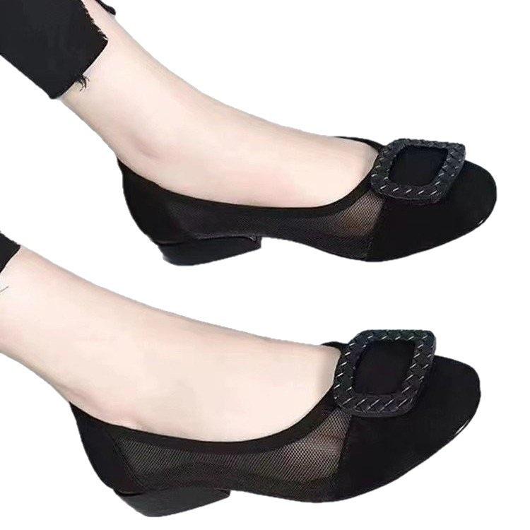 Soft leather mesh single shoes summer flat bottom soft sole new year thin sandals low heel leather shoes