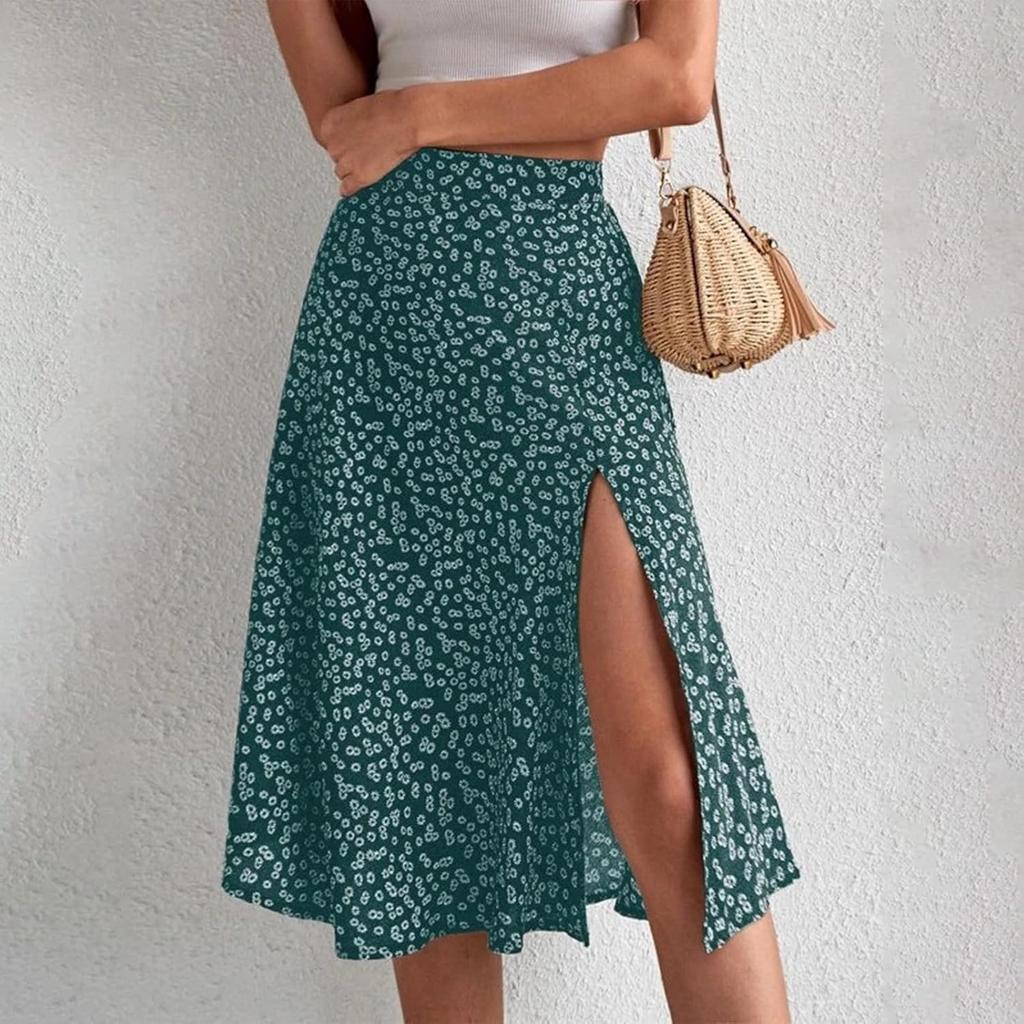 Ditsy Floral Boho Skirt for Women with Slit Summer High Waisted Flowy Midi Skirt Casual A-Line Split Beach Skirt