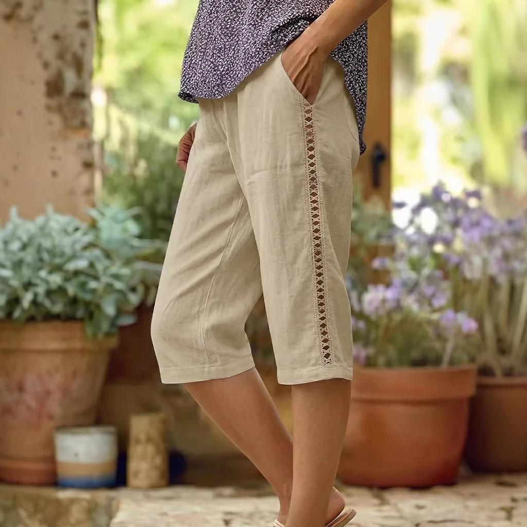Ladies' Casual And Fashionable Side Hollow Splicing Straight Leg Five Quarter Pants