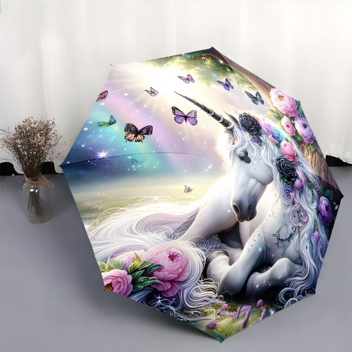 

Automatic Folding Umbrella A unicorn surrounded by and butterflies. Portable collapsible design, casual outdoor accessory, fo (as the picture,Iron&8K)