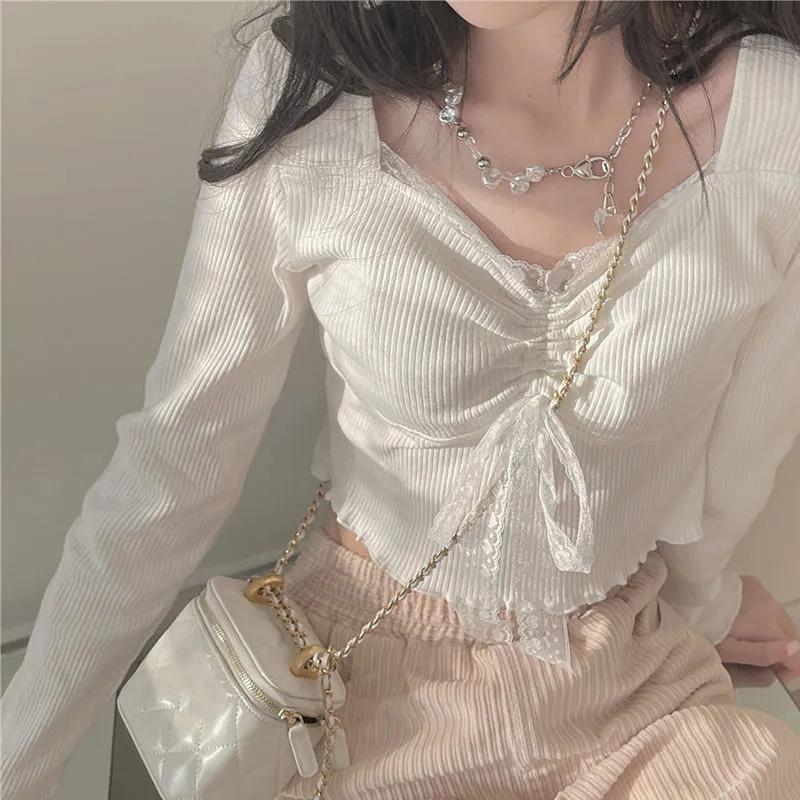 White Kawaii Lolita Female Blouse Lace Japanese Sweet Long Slevee Tops Women Knitted Casual Korean Casual Slim Tops