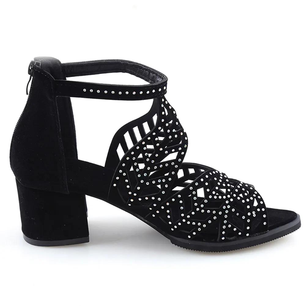 New Style Women Summer Hollow Out Faux Leather Rhinestones Thick Heel Zipper Sandals Shoes Fashion Sparkly Dress Platform Sandals