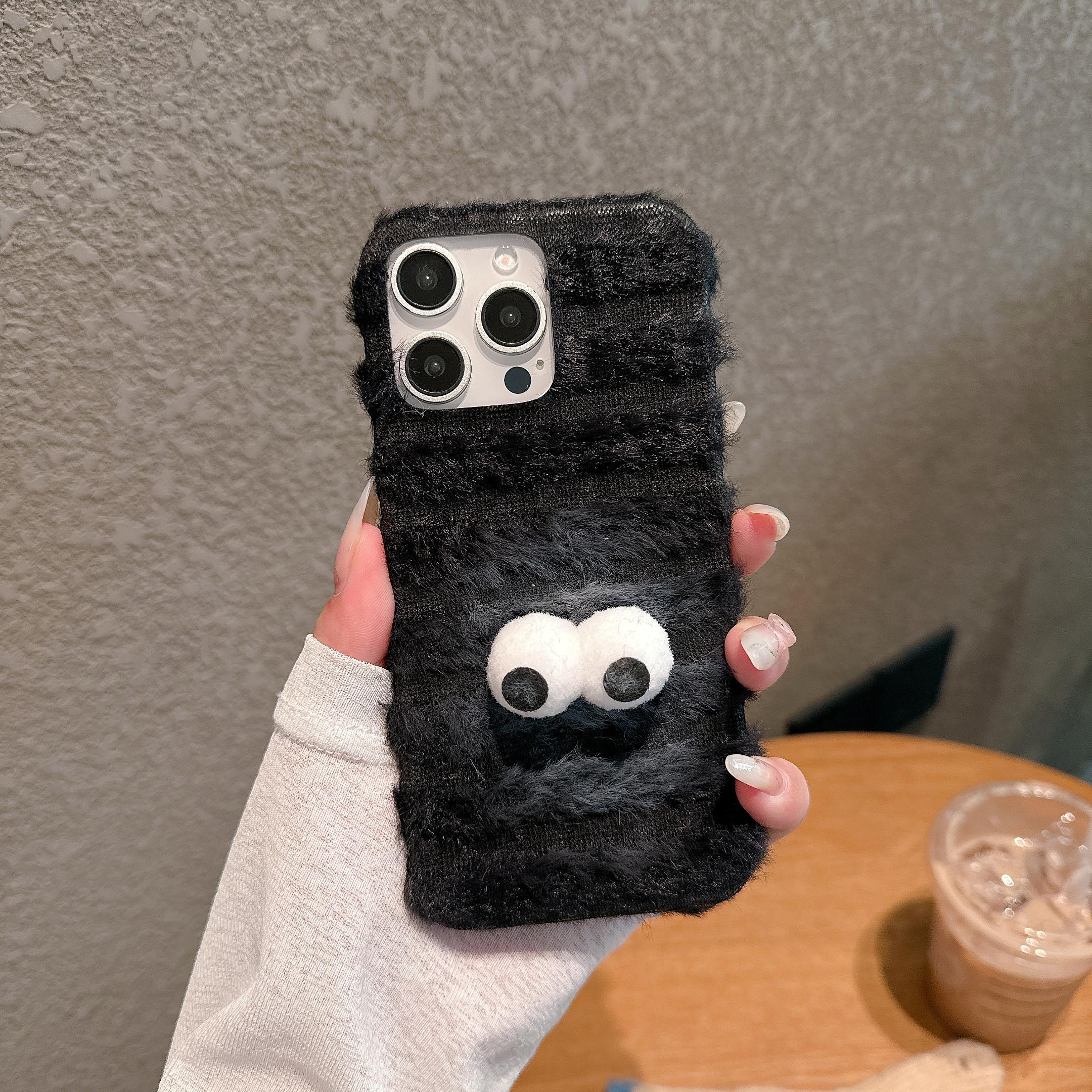 

For iPhone 16 Pro Case Cute Furry Warm Plush Hard PC Winter Phone Cover Briquette