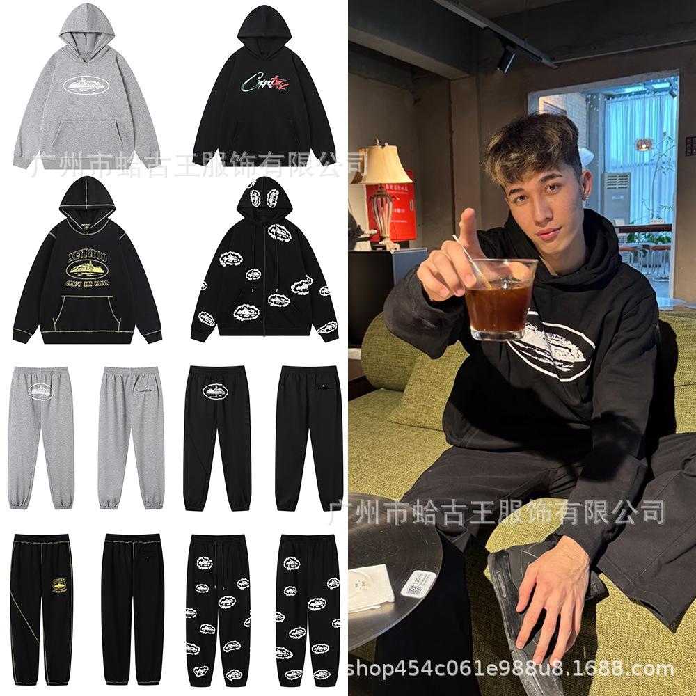 Cross-border CORT Demon Island Letter Print Unisex Plus Velvet Hooded Sweatshirt & Sweatpants Set