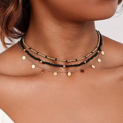 Womens 3-Piece Layered Necklace Set With Glass Beads Metallic Sequins Sweet Style Vacation Travel