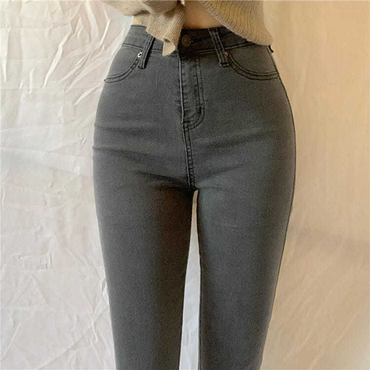 Women's Large Size Jeans High Waist Stretch Skinny Denim Trousers Solid Color Streetwear Vintage Washed Elastic Slim Pencil Pants