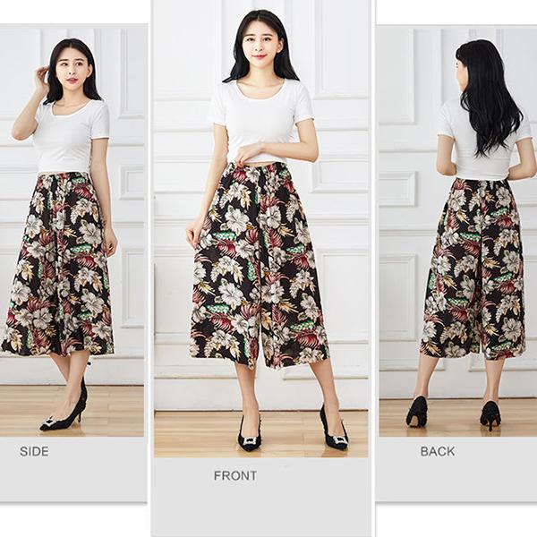 WTEMPO Kadın İlkbahar Yaz Sonbahar Büyük Beden Elastik Yüksek Bel Geniş Paça Pantolon Bol Rahat Çiçek Baskılı İnce Kırpılmış Pantolon